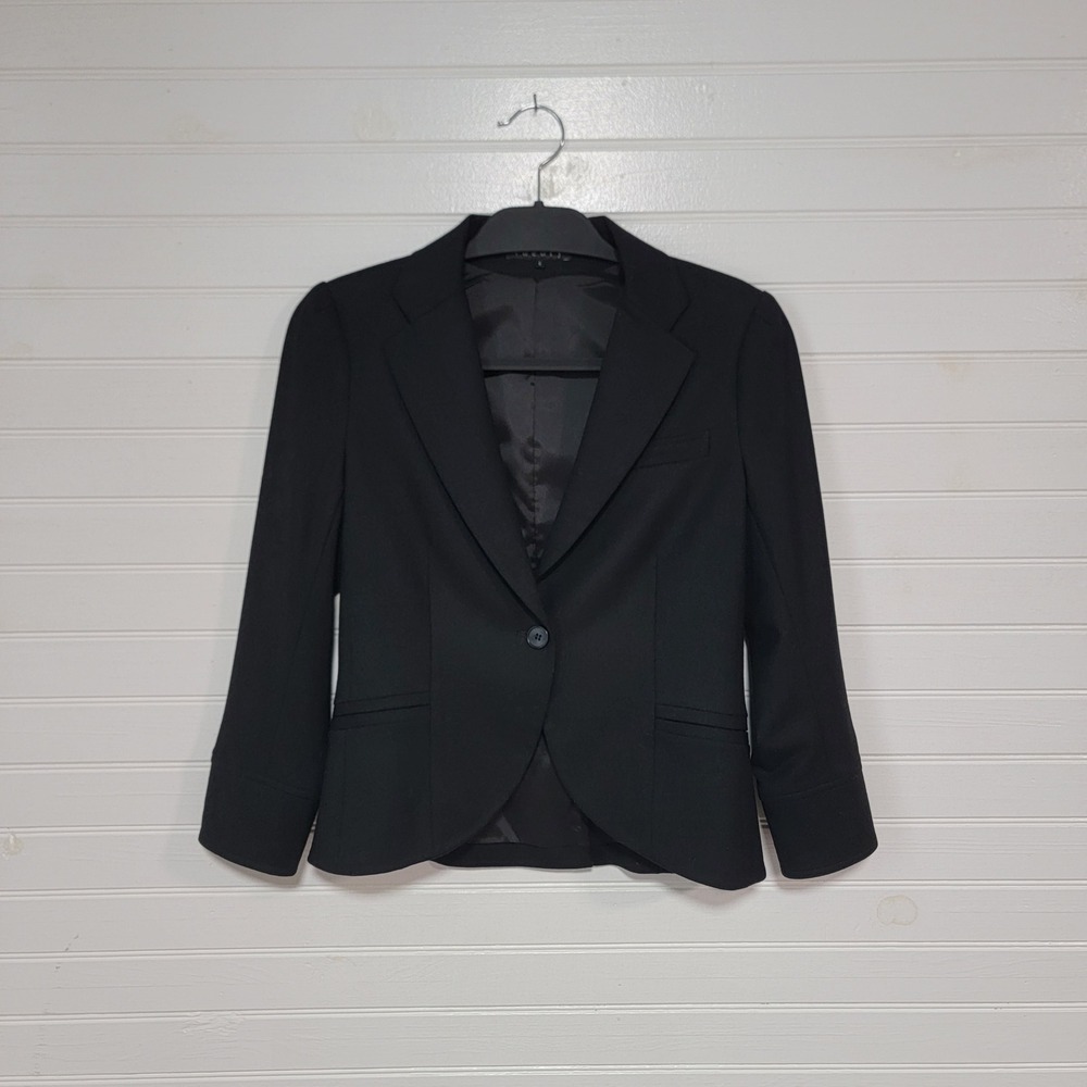 Theory Womens Wool Black One Button Blazer Jacket Size 6 Professional Workwear
